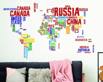 Weltkarte Vinyl-Wandaufkleber - Land Name Wort Kind Großer Kunst-Dekor-Aufkleber - Schälen und Aufkleben Globe Erkunden Spielzimmer Spaß Wandbild - Landkarte Aufkleber