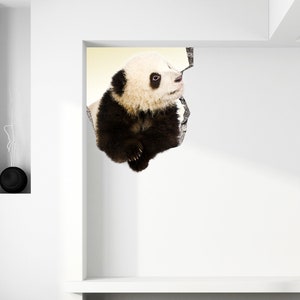 3d Art Animal Hole In Wall Sticker - Vinyl Decor Broken Illusion Peel And Stick Decal - Porthole Crack Print Diy Cracked Printed Mural Panda
