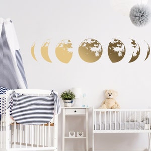 Moon Phases Wall Decor Decal - Gold Home Art Living Room Bedroom Sticker Decoration - Silver Phase Cycle Nursery Lunar Crescent Vinyl Mural