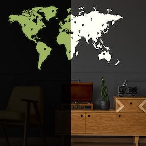 Glow In Dark World Map Vinyl Sticker - Night Glowing Wall Art Vinyl Of The Decor Decal Label - Realistic Luminescent Light Ghost