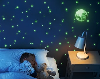 Pegatinas de estrellas que brillan en la oscuridad: calcomanía de luna brillante para techo y pared de habitación infantil, luz de noche fluorescente para dormitorio.