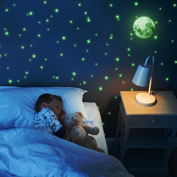 Glow In The Dark Stars Stickers - The Glowing Moon Decal For Nursery Kid Room Ceiling And Wall - Bedroom Night Light Fluorescent Stick