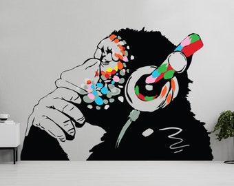 Banksy Stickers Monkey Headphones - Banksy Graffiti Wall Decal - Banksy Thinking Monkey - Banksy Wall Sticker - Monkey Banksy Decal