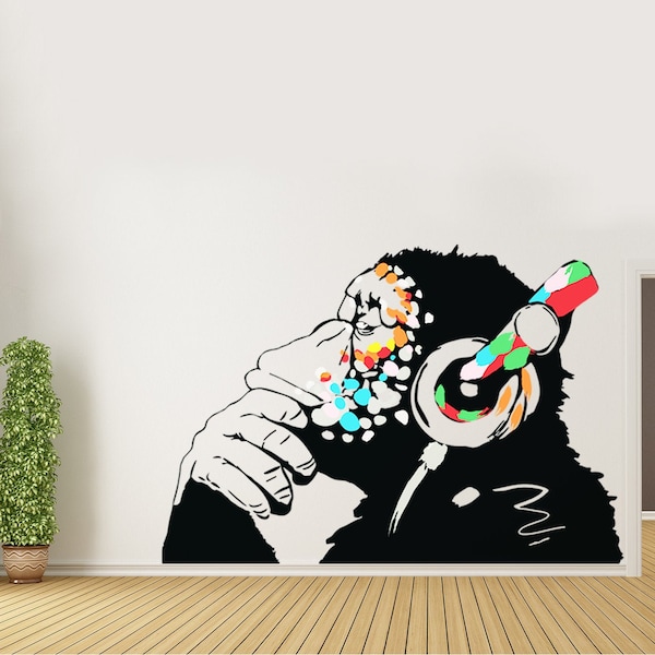 Banksy Thinking Monkey Sticker - Art Vinyl Street Dj Baksy Wall Decal - Headphones Chimp Music Thinker Graffiti Mural - Boy Smart Decals