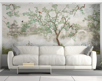 Toile Bedroom Chinoiserie Wallpaper Garden Vintage Sticker - Grey Adhesive Wall Paper Print Home Decor - Chinese Style Peel Stick Vinyl Art