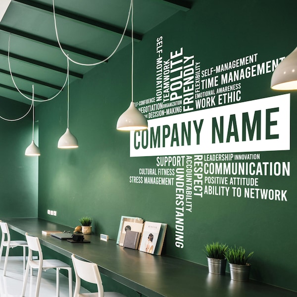 May include: A modern office space with a long, dark wooden table and white chairs. The wall is painted a deep green and features a white word cloud with the company name "COMPANY NAME" and a list of positive work values.
