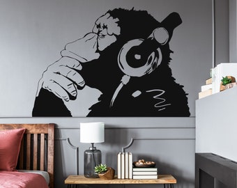 Banksy Thinking Monkey Wall Sticker - Vinyl Art Print Dj Waterproof Thinker Smart Decal - Street Thought Headphones Music Think Stickers
