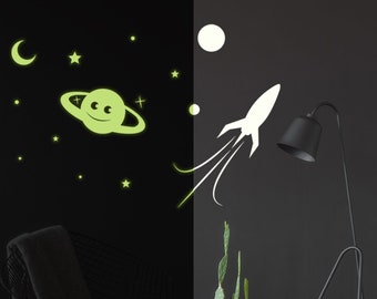 Glowing Planet Rocket, Stars, Moon Ceiling Sticker - Autocollant Decal Glow in the Dark Wall - Crescent Luminescent Mural Kids Room + Cadeau de décalcomanie gratuit!