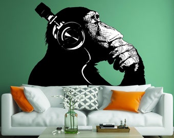 Banksy Wall Decal Thinking Monkey Art Sticker - Dj Chimp The Thinker Gorilla With Headphones Home Decals - Street Art Graffiti Mural Print