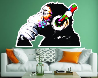 Banksy Thinking Monkey Sticker - Art Vinyl Street Dj Baksy Wall Decal - Headphones Chimp Music Thinker Graffiti Mural - Boy Smart Decals