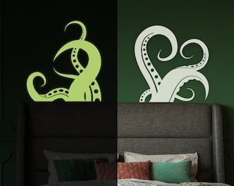 Glow In Dark Octopus Tentacle Vinyl Wall Art Sticker - Night Glowing Bathroom Squid Kraken Decor Decal - Realistic Luminescent Light Ghost