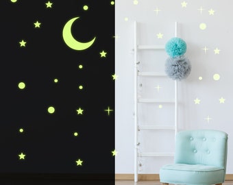 Glowing Ceiling Stickers- Starry Sky Wall Decal - Glow in the Dark Stars Crescent Sticker - Moonlight Luminescent Mural + Free Decal Gift!