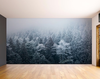 Foggy Forest Wallpaper Sticker Mural - Mountain Tree Fog Removable Wall Paper Art Decal - Large Bedroom Decor Misty Pine Hill Peel Stick
