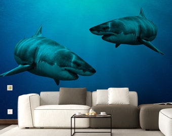 Wallpaper Shark Decor Sticker - 3d Underwater Ocean Wall Stickers Removable Decal - Under Sea Home Bedroom Adhesive Mural Decorations Art