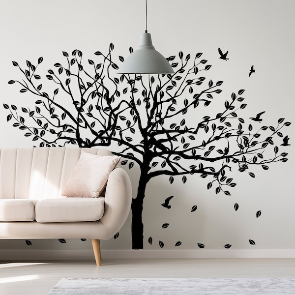 Tree Wall Decal Sticker - Birch Art Vinyl Nursery Stickers - Nature Botanical Trees Decals - Forest Decor Natural Big Leaf Peel And Stick