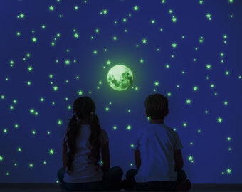 Glow In The Dark Stars Stickers - The Glowing Moon Decal For Nursery Kid Room Ceiling And Wall - Night Light Fluorescent Stick On Bedroom
