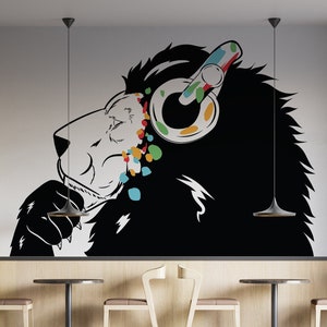 Lion in Headphones Stickers - Inspired by Banksy Graffiti Wall Decal - Thinking Lion Sticker -  Animal Stencil Wall Sticker - Lion Decal