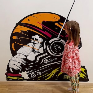 Etiqueta engomada del vinilo de la pared del mono del espacio del astronauta - etiqueta engomada divertida de la impresión del chimpancé del chimpancé del cosmonauta - la decoración mural del pensador del mono