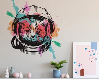 Space Cat Wall Art Decor Transfer Sticker - Funny Astronaut Kitten Decoration Decal - Kid Room Nursery Cute Kitty Vinyl Adhesive Mural