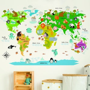 Kinder Weltkarte Wandtattoal - LandtierZimmer Dekor Vinyl Aufkleber für Kinderzimmer - Peel and Stick Art of Education Schlafzimmer Spielzimmer Wandbild