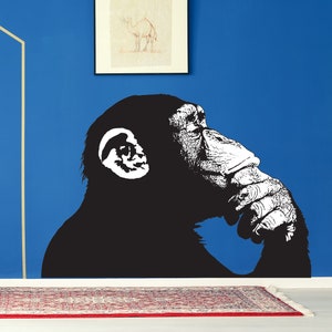 Thinking Monkey Wall Sticker - Banksy Street Art Print Waterproof Vinyl Decal Gift - Bored Chimp Thought Smart Thinker Think Mural