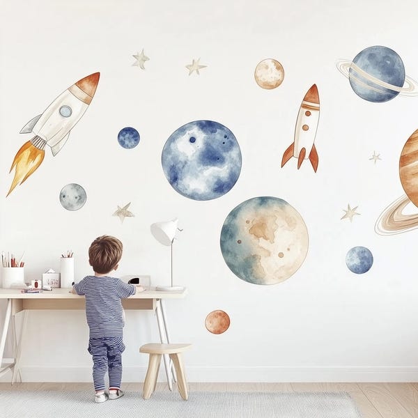 Naklejki ścienne z motywem kosmosu w akwarelach | Naklejki ścienne do pokoju dziecięcego z motywem rakiety planetarnej | Dekoracja pokoju dziecięcego z motywem kosmosu | Niebiański mural ścienny
