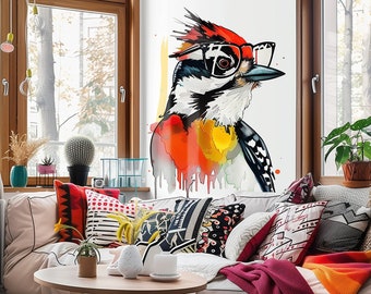 Adesivos decorativos em aquarela com pica-pau-anão de óculos - Decoração exclusiva para amantes da natureza - Perfeitos para paredes, laptops e muito mais.