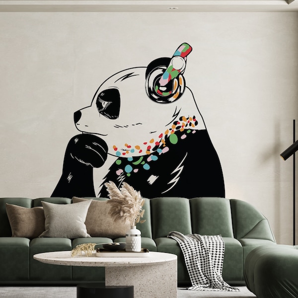 Panda Wall Art Sticker - Denken Dj Panda Bear Head Hoofdtelefoon Vinyl Decal - Grappige Cool Graffiti Muziek Denker Pandas Zwarte Grote Muurschildering