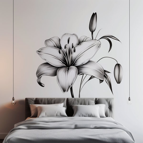 Klassieke zwart-witte Lily Bloom muursticker - elegante bloemenslaapkamer muursticker decor - Peel and Stick Art boven de bedsticker