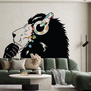 Thinking Lion Sticker - Inspired by Banksy Art Vinyl Dj Baksy Wall Decal - Headphones Lion Music Thinker Street Graffiti Smart Mural