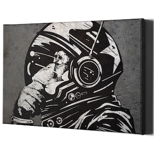 May include: Black and white illustration of a chimpanzee wearing a futuristic astronaut helmet. The chimpanzee is looking to the side and has its hand on its chin, as if in deep thought.