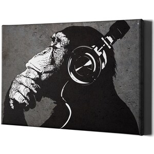 Banksy Dj Monkey Headphone Wall Art Canvas - Music Artwork Picture Decor Wise Gorilla Rap Print With Frame - Funky Gamer Chimp Grafitti