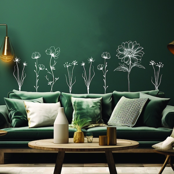 Exquisite Hand-Sketched British Wildflower Wall Stickers - Elegant Vinyl Floral Decals - Living Room and Bedroom Wall Decor -Many sizes