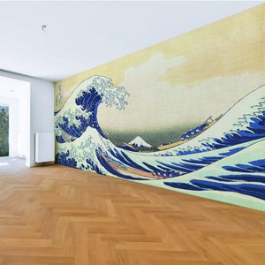 Kanagawa Wave Wallpaper Decal - The Great Waves Japanese Ocean Art Vinyl Wall Sticker for Home Decor - Peel and Stick Large Japan Mural