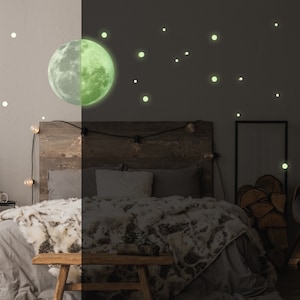 Glow In The Dark Full Moon And Star Wall Sticker - Bedroom Ceiling Decoration Large Glowing Decal - Big Luminous Light For Kid Room Decor