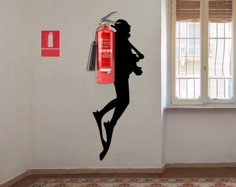 Scuba Diver Wall Sticker - Fire Extinguisher Deep Dive Silhouette Vinyl Gift Decal - Down Diving Happy Diver Art Creative For Office Mural