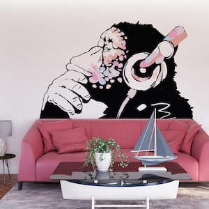 Banksy Inspired Thinking Monkey Decal In Pink Color - DJ Chimp Street Art Boho Girls Room Light-Toned Vinyl Sticker - Graffiti Thinker Mural
