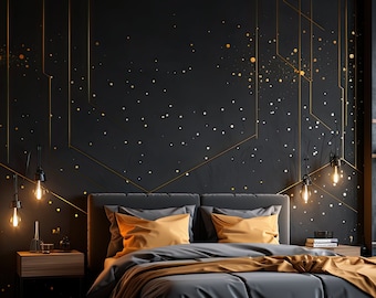 Gold Thin Lines & Circle Dots Stickers - Geometric Peel and Stick Decals for Sophisticated Bedroom Decor - Elegant Long Lines Vinyl Decals