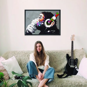 Banksy Dj Monkey Headphones Art Graffiti Work Print - Wall Print Chimp Thinker Colorful - Thinking Artwork Poster Room Street Decor Posters
