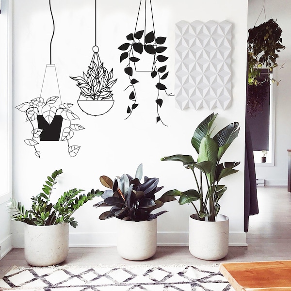 Hanging Plant Basket Wall Sticker - Tropical Pot Living Room Decor Decals - Botanical Garden Themed Idea Vinyl Mural Peel Stick Decoration