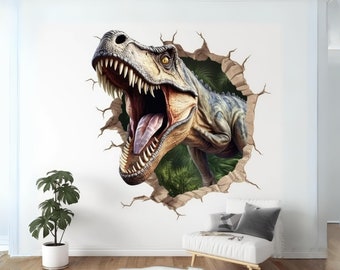 Adhesivo de pared artístico de dinosaurios 3D, decoración de vinilo con efecto dinámico de ilusión rota, mural de ojo de buey de dinosaurio para decoración de bricolaje