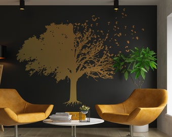 Tree Wall Decal Decor - Birds Leaf Branches Bedroom Living Room Decals - Large Art Stickers Sticker Vinyl - Black Bird Mural For Office