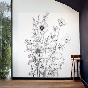 Elegant Monochrome Botanical Wall Sticker - Black Detailed Floral and Foliage Illustration Decal for Sophisticated Decor - Floral Room Mural
