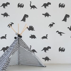 40x Dinosaur Silhouette Wall Decal - Dino Nursery Baby Room Art Vinyl Decor Decals - Kids T Rex Boys Stickers - Black Gold Boy Sticker