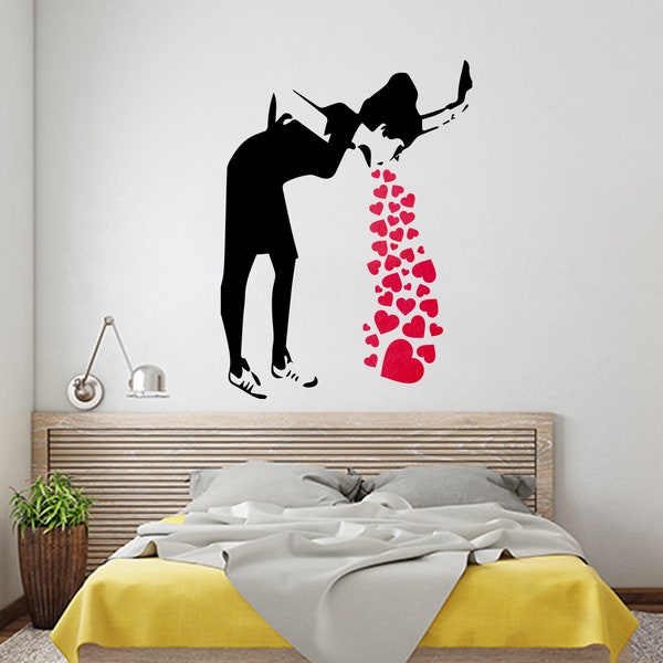 Banksy Love Sick Girl With Hearts Wall Decal - Urban Street Art Graffiti Lovesick Vinyl Sticker - Funny Hipster Spit Decor Heart Mural