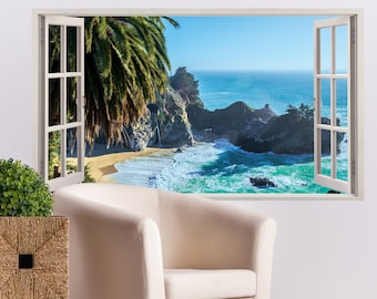3d Window Beach View Wall Sticker - Removable Bedroom Ocean Scene Vinyl Room Decal - Large Tropical Picture Frame Landscape Decoration