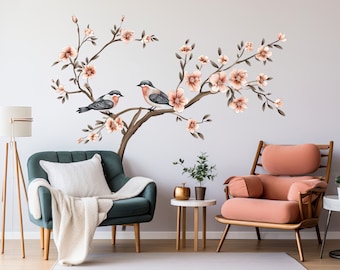 Tree with Blossom Flowers and Birds Wall Sticker - Elegant Vinyl Decor for Living Room - Floral Bird Nature Wall Art for Girls' Room