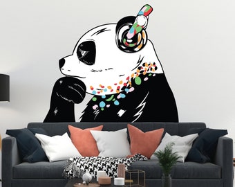Thinking Panda Sticker - Inspired by Banksy Art Vinyl Dj Baksy Wall Decal - Headphones Pandas Bear Music Thinker Street Graffiti Smart Mural