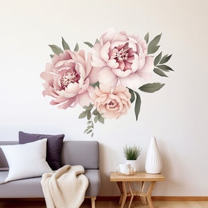 Elegant Peony Flowers Wall Decal - Watercolor Floral Peel and Stick Design - Sophisticated Removable Decor for Modern and Classic Interiors