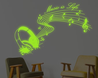 Glow In Dark Music Is Life Wall Sticker - Nigh Light Note Quote Decor Art Vinyl Decal - Glowing Neon Dj Room Earphone Saying Sign Mural